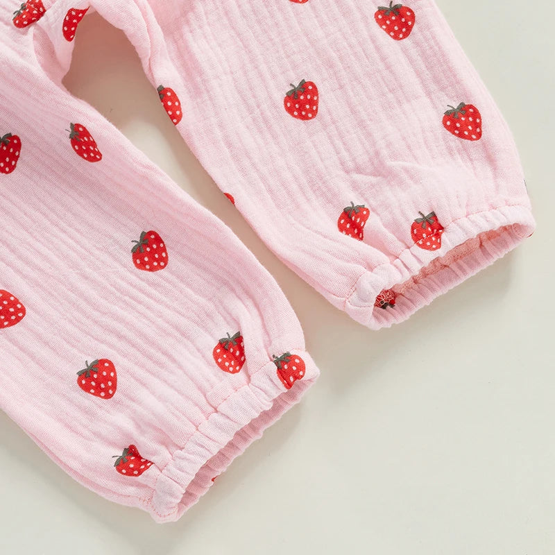 Baby Girl 2Pcs Fall Outfits Long Sleeve Strawberry Print Ruffle Jumpsuit with Headband Set Newborn Clothes