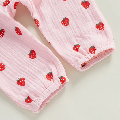 Baby Girl 2Pcs Fall Outfits Long Sleeve Strawberry Print Ruffle Jumpsuit with Headband Set Newborn Clothes