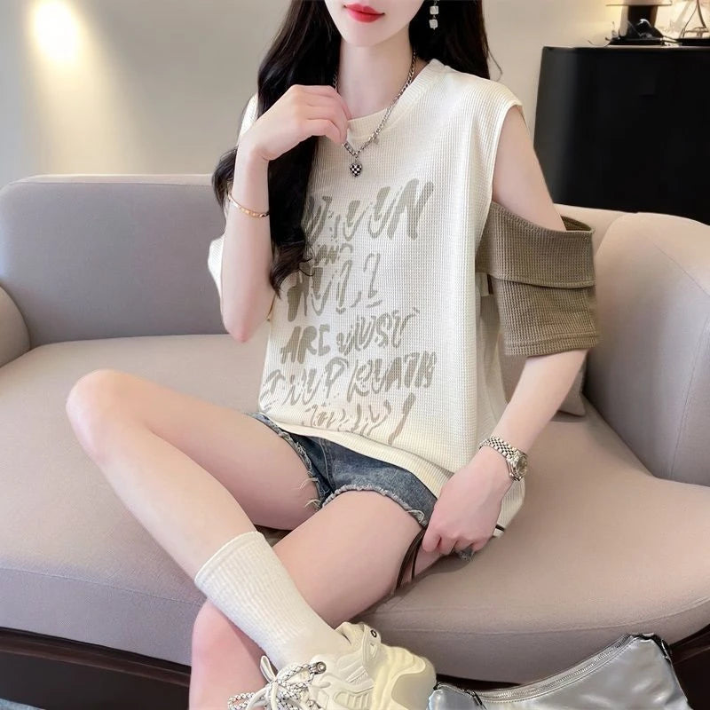 T Shirt For Women Off Shoulder Graphic Tops Woman Green Summer Outfit Fashion Women's Clothing 2025 Female Wholesale Clothes