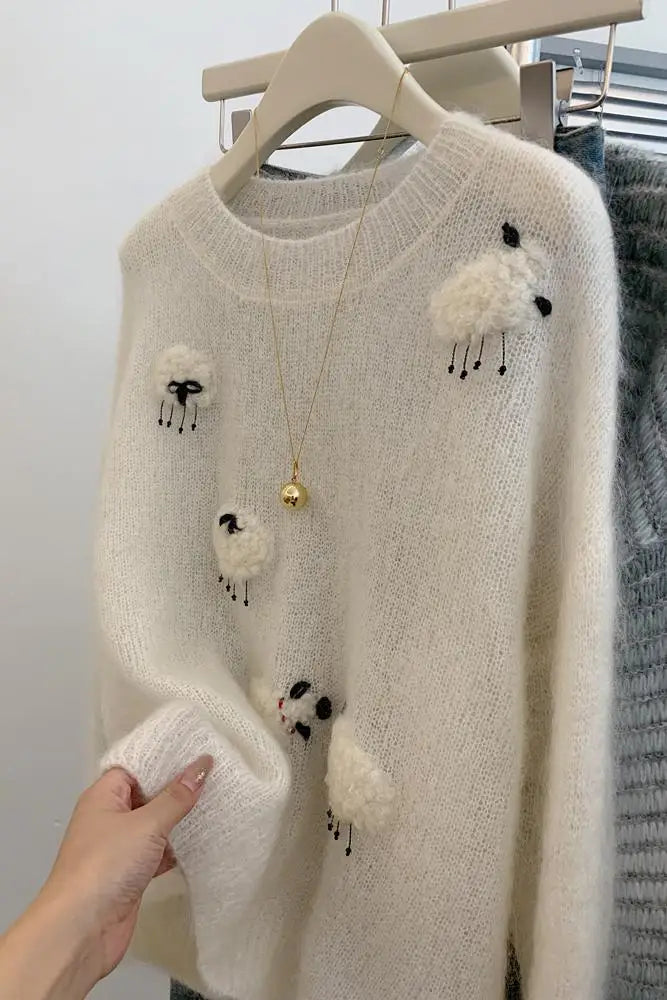 White Casual Sweater For Women 2025 New Long Sleeved O-Neck Warm Knit Pullovers Autumn Winter Korean Cute Animals Woolen Tops
