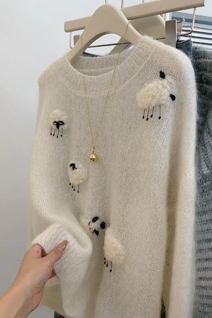 White Casual Sweater For Women 2025 New Long Sleeved O-Neck Warm Knit Pullovers Autumn Winter Korean Cute Animals Woolen Tops