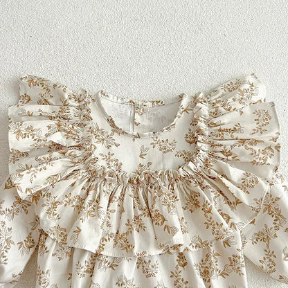 Spring New in Infant Cute Clothes Kids Baby Girls Floral Ruched Cotton Jumpsuits Toddler Outwear Newborn Bodysuits+headbands