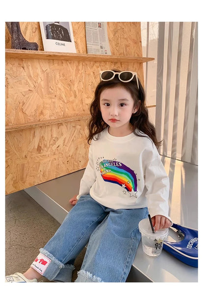 Spring Girl Top And Bottom Clothes Set Korean Fashion Simplicity Suit For Girls Rainbow Printed Long Sleeves+Pants Two Piece Set
