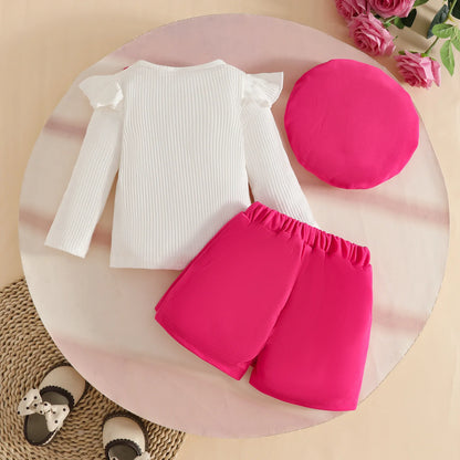 Spring Kids Girls Clothes Baby Casual Long Sleeve Flower Tops With Shorts Beret Infant Cute Outfits Sets Children's Clothing