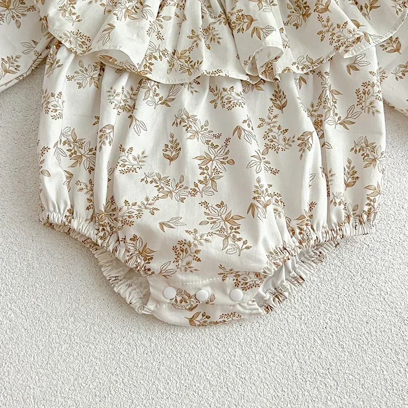 Spring New in Infant Cute Clothes Kids Baby Girls Floral Ruched Cotton Jumpsuits Toddler Outwear Newborn Bodysuits+headbands