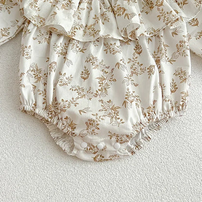Spring New in Infant Cute Clothes Kids Baby Girls Floral Ruched Cotton Jumpsuits Toddler Outwear Newborn Bodysuits+headbands
