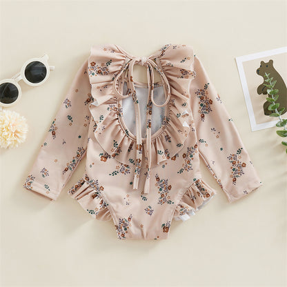 Kids Baby Girl Summer Swimwear Floral Print Backless Ruffles Long Sleeve Bodysuit Bathing Suit Girls Beachwear 0-4 Years