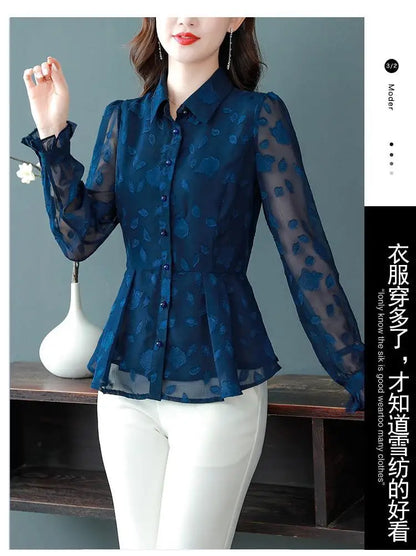 Spring Chiffon Shirt Women's Long-sleeved Temperament Waist Women's Small High-end Foreign Style Middle-aged Top Clothes
