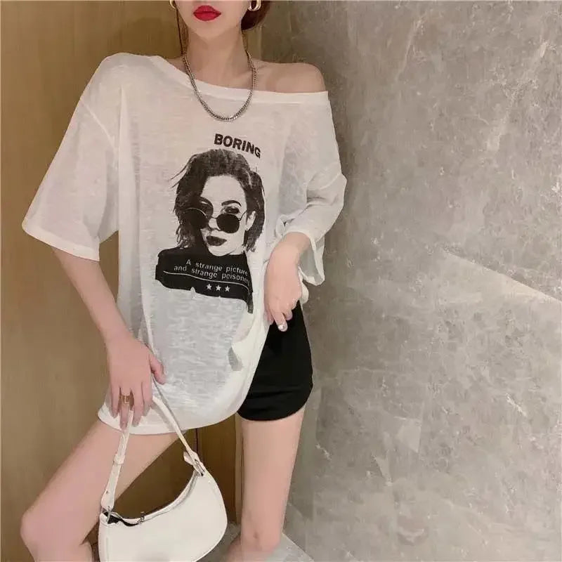 T Shirt For Women Summer Outfit Sexy Baggy Graphic Tops Woman Long Aesthetic Clothing Elegant Tee Trending Korean Streetwear