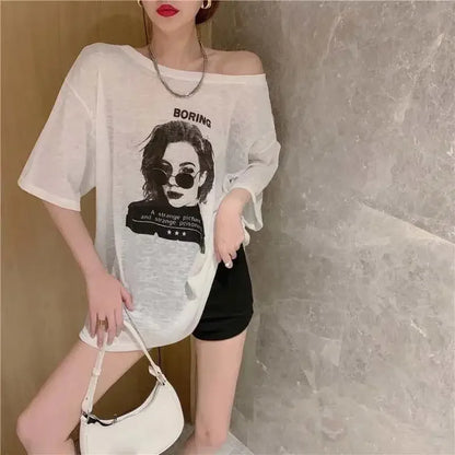 T Shirt For Women Summer Outfit Sexy Baggy Graphic Tops Woman Long Aesthetic Clothing Elegant Tee Trending Korean Streetwear