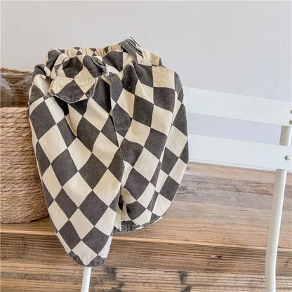 Spring 1-7Y Kids Clothes Washed Cotton Harem Trousers Vintage Checkered Design Japanese Trendy Loose-fit Casual Boys Girls Pants
