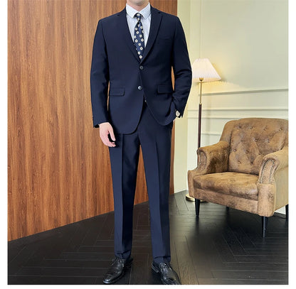 Suit (Blazer+ Pants) Fashion Men Solid color Business Wedding Work Casual Slim Professional Dress Groom Best Man Gentleman Suit