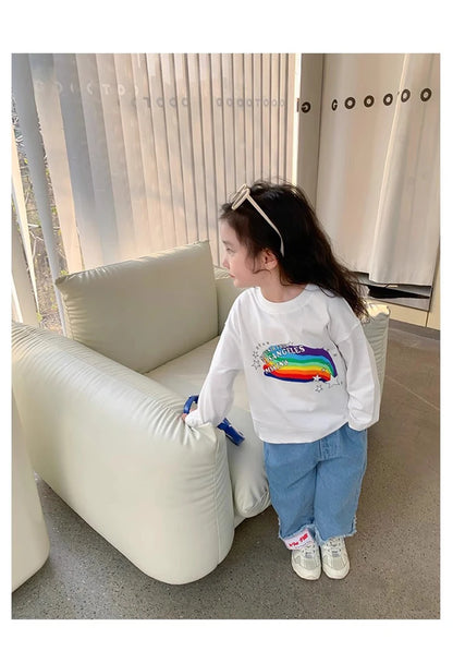 Spring Girl Top And Bottom Clothes Set Korean Fashion Simplicity Suit For Girls Rainbow Printed Long Sleeves+Pants Two Piece Set