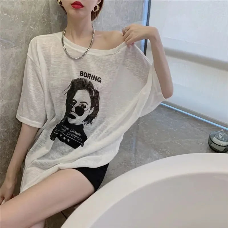 T Shirt For Women Summer Outfit Sexy Baggy Graphic Tops Woman Long Aesthetic Clothing Elegant Tee Trending Korean Streetwear