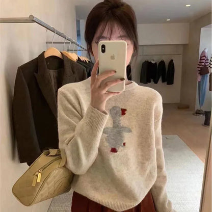 Women's new wool sweater high-end O-neck embroidered pullover sweater autumn and winter loose fashion shirt casual warm knit top