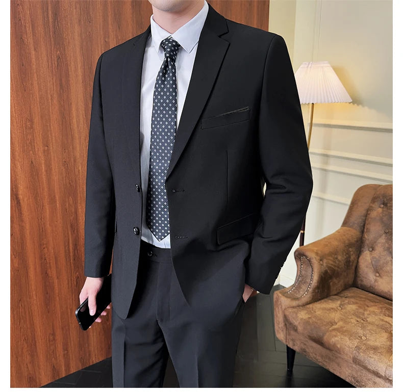 Suit (Blazer+ Pants) Fashion Men Solid color Business Wedding Work Casual Slim Professional Dress Groom Best Man Gentleman Suit