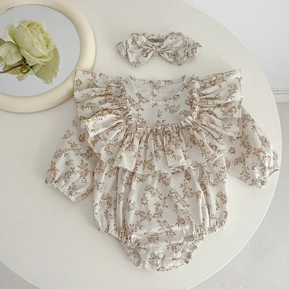 Spring New in Infant Cute Clothes Kids Baby Girls Floral Ruched Cotton Jumpsuits Toddler Outwear Newborn Bodysuits+headbands