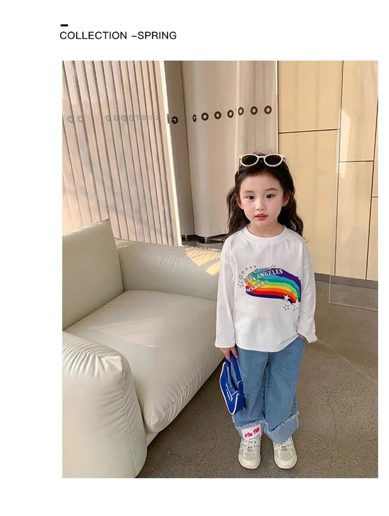 Spring Girl Top And Bottom Clothes Set Korean Fashion Simplicity Suit For Girls Rainbow Printed Long Sleeves+Pants Two Piece Set