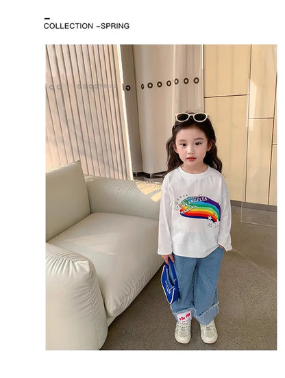 Spring Girl Top And Bottom Clothes Set Korean Fashion Simplicity Suit For Girls Rainbow Printed Long Sleeves+Pants Two Piece Set