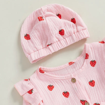 Baby Girl 2Pcs Fall Outfits Long Sleeve Strawberry Print Ruffle Jumpsuit with Headband Set Newborn Clothes