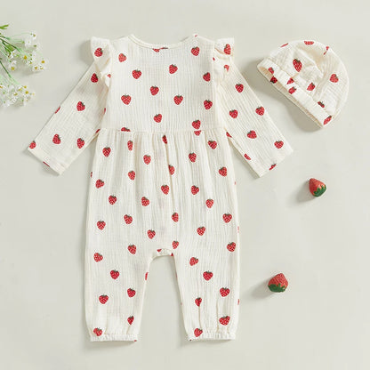 Baby Girl 2Pcs Fall Outfits Long Sleeve Strawberry Print Ruffle Jumpsuit with Headband Set Newborn Clothes
