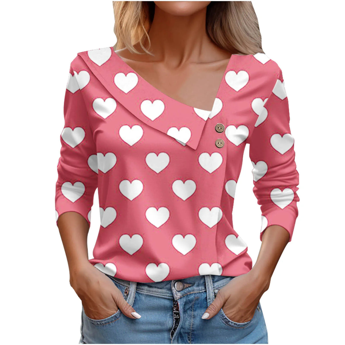 T Shirt For Women Fashion Long Sleeve Tops Heart Print Pulovers Elegant Shirts & Blouses Autumn Youthful Woman Clothes 2023