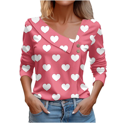 T Shirt For Women Fashion Long Sleeve Tops Heart Print Pulovers Elegant Shirts & Blouses Autumn Youthful Woman Clothes 2023