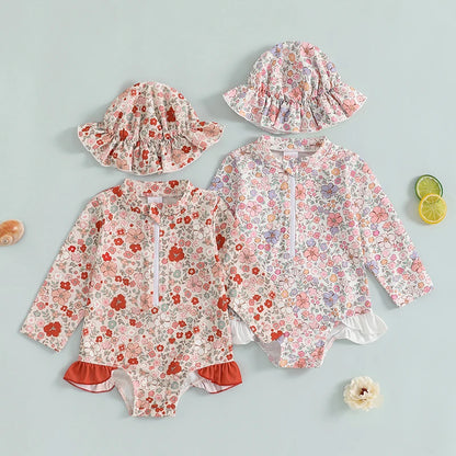 Kids Baby Girl Summer Swimwear Floral Print Backless Ruffles Long Sleeve Bodysuit Bathing Suit Girls Beachwear 0-4 Years