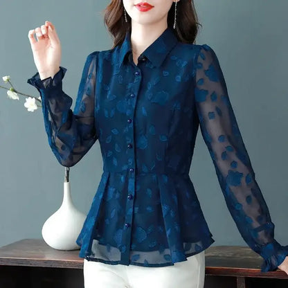 Spring Chiffon Shirt Women's Long-sleeved Temperament Waist Women's Small High-end Foreign Style Middle-aged Top Clothes