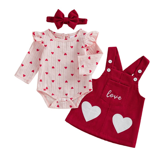 Valentine s Day Baby Girls 3 Piece Outfit Cute Long Sleeve O Neck Heart Print Jumpsuit Bow Headband Overall Dress Set