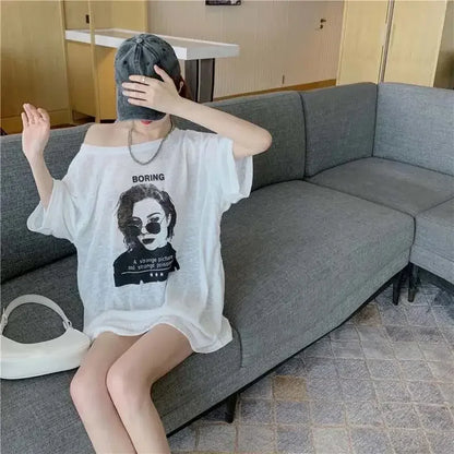T Shirt For Women Summer Outfit Sexy Baggy Graphic Tops Woman Long Aesthetic Clothing Elegant Tee Trending Korean Streetwear