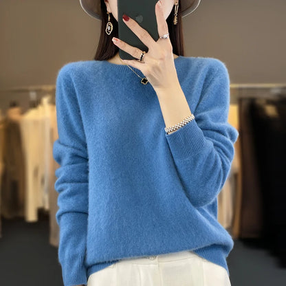 100% Merino Wool Sweater Women O-neck Cashmere Knitwear Female Pullover Autumn Winter Casual Tops Solid Color Soft  Clothing