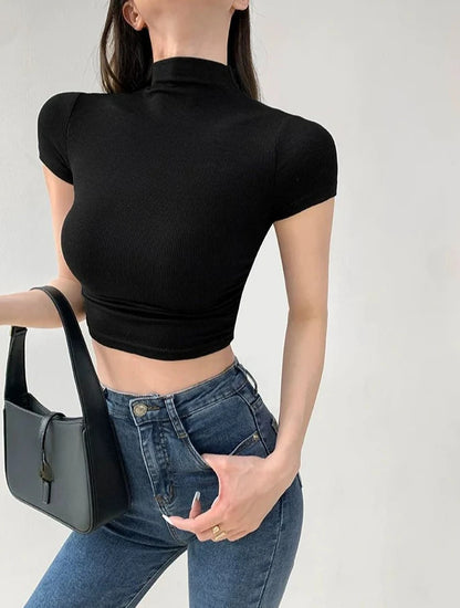 T Shirt For Women Crop Slim Turtleneck Solid Color Tops Woman Y2k Fashion Korea Polyester Cheap Clothes Youthful Goth Korean Tee
