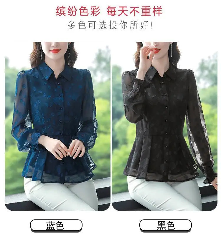 Spring Chiffon Shirt Women's Long-sleeved Temperament Waist Women's Small High-end Foreign Style Middle-aged Top Clothes