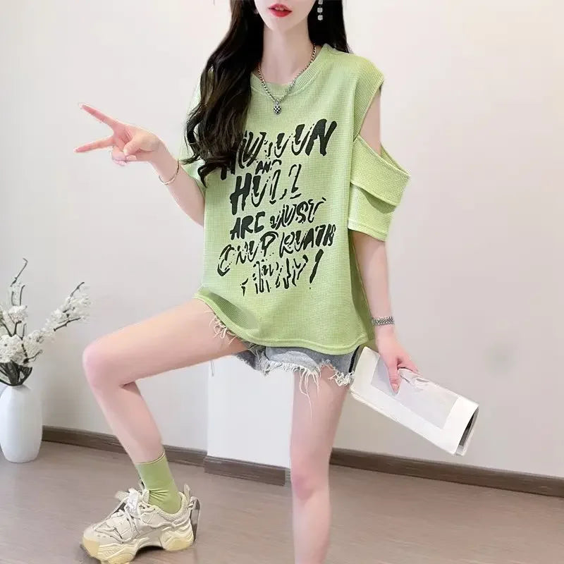 T Shirt For Women Off Shoulder Graphic Tops Woman Green Summer Outfit Fashion Women's Clothing 2025 Female Wholesale Clothes