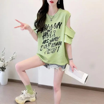 T Shirt For Women Off Shoulder Graphic Tops Woman Green Summer Outfit Fashion Women's Clothing 2025 Female Wholesale Clothes