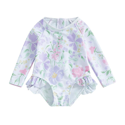 Kids Baby Girl Summer Swimwear Floral Print Backless Ruffles Long Sleeve Bodysuit Bathing Suit Girls Beachwear 0-4 Years