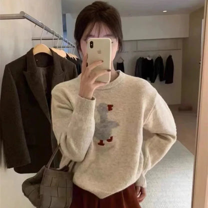 Women's new wool sweater high-end O-neck embroidered pullover sweater autumn and winter loose fashion shirt casual warm knit top