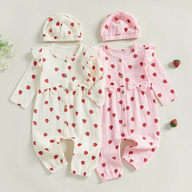 Baby Girl 2Pcs Fall Outfits Long Sleeve Strawberry Print Ruffle Jumpsuit with Headband Set Newborn Clothes