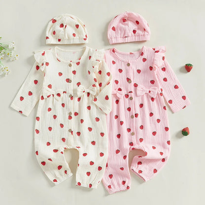 Baby Girl 2Pcs Fall Outfits Long Sleeve Strawberry Print Ruffle Jumpsuit with Headband Set Newborn Clothes