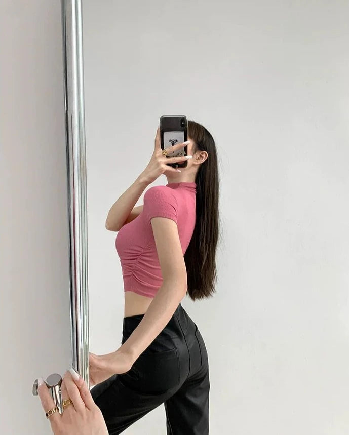 T Shirt For Women Crop Slim Turtleneck Solid Color Tops Woman Y2k Fashion Korea Polyester Cheap Clothes Youthful Goth Korean Tee