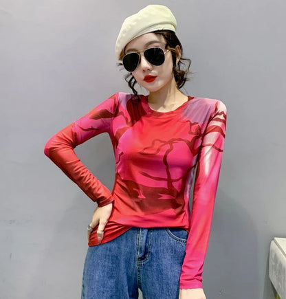 Woman T-shirt 2025 Mesh Skinny Tshirt Top for Women ClothingWith Print Original Fitted Simple Cheap Stylish Cool Beautiful Tee