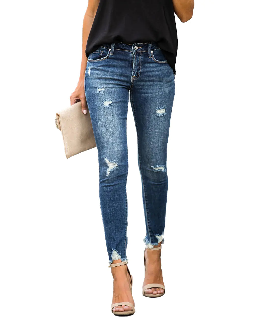 Slim-Fit Ripped Jeans with Raw Edges