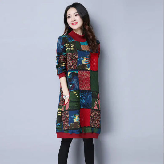 Plus Size Loose Fitting Floral Long Sleeve Dress