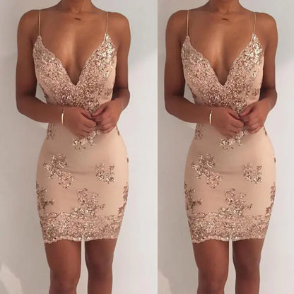 Summer Sequin Club Dress with Deep V Neck and Backless